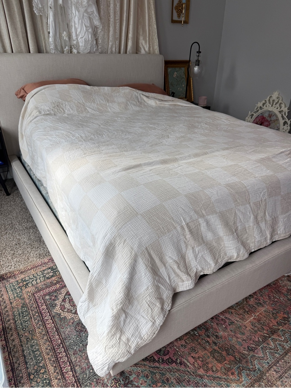Parachute Queen Neutral Checked Cotton Duvet Cover - Cream Beige